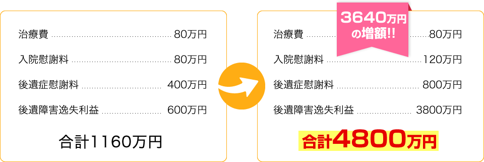 治療費・入院慰謝料・後遺症慰謝料・後遺症損失利益　3640万円の増額